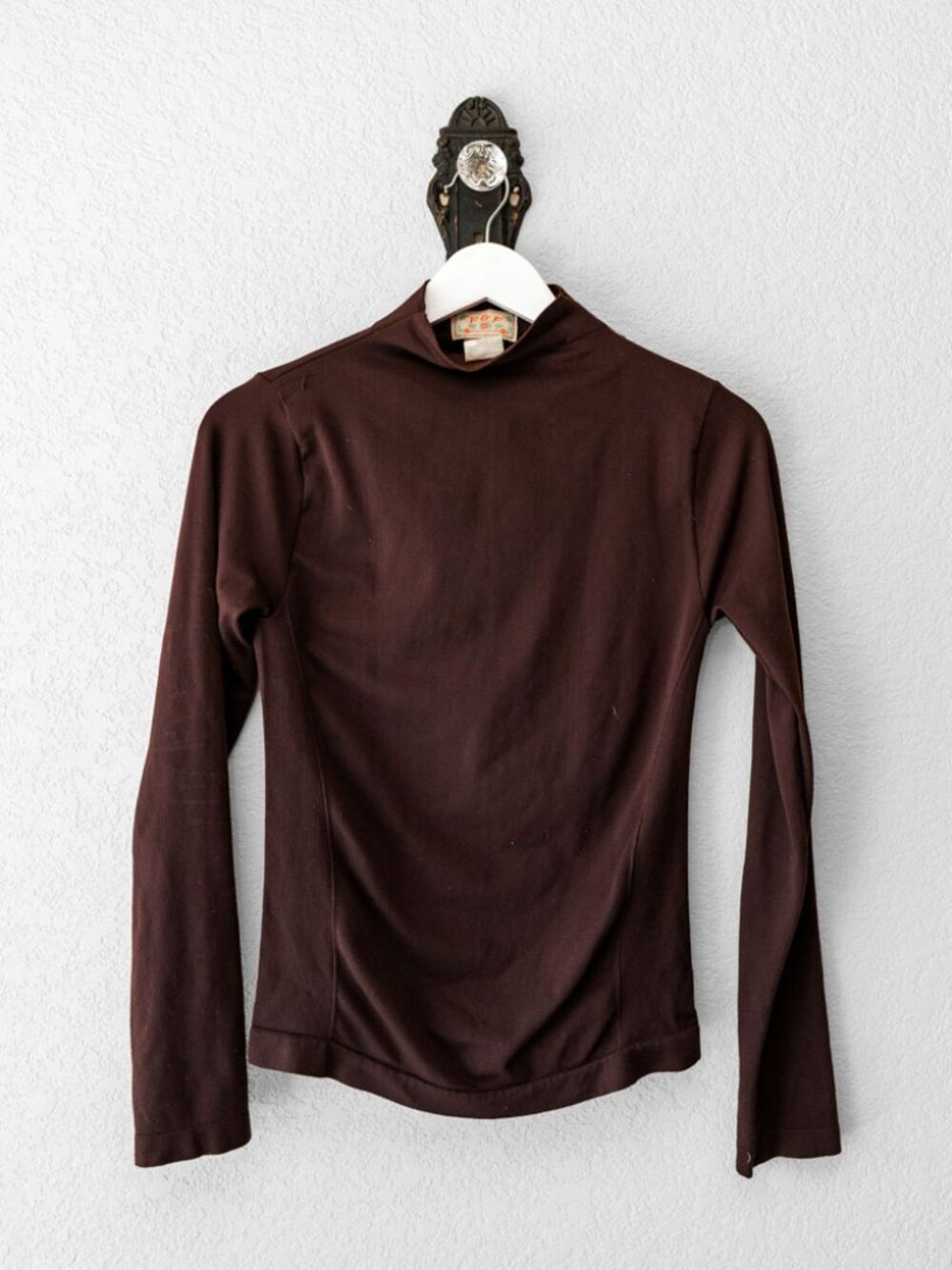 F&F Brown Mock Neck Long Sleeve Stretch Top Women's M Fitted Layering Basic